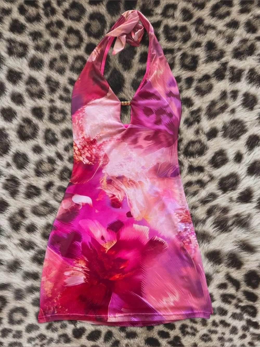Pink and magenta floral halter mini dress